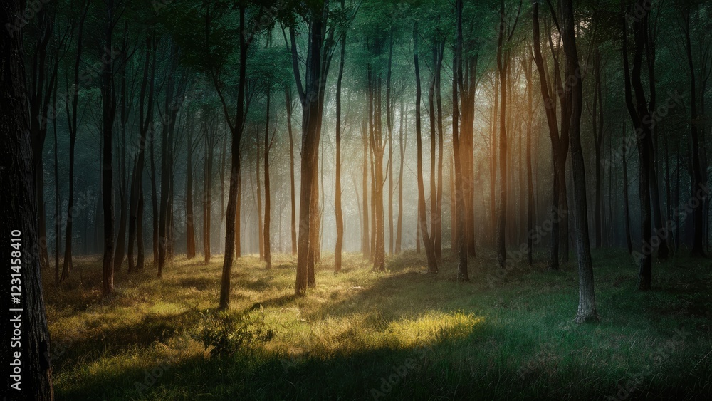 Aufkleber Mystical forest landscape with sun rays piercing through dense green trees creating a serene atmosphere over soft grass in warm golden tones