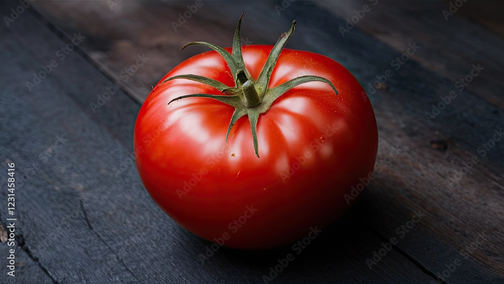 Poster fresh red tomato with green stem on dark rustic wooden background capturing textures and colors for 