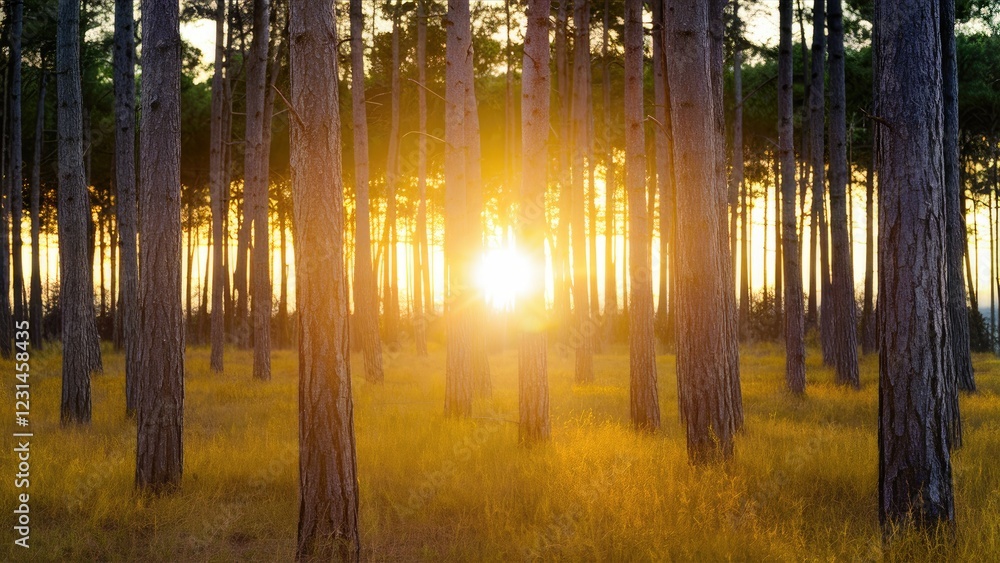 Fototapete Sunset glow filtering through tall pine trees in a vibrant forest with golden grass illuminated by warm yellow sunlight creating enchanting atmosphere