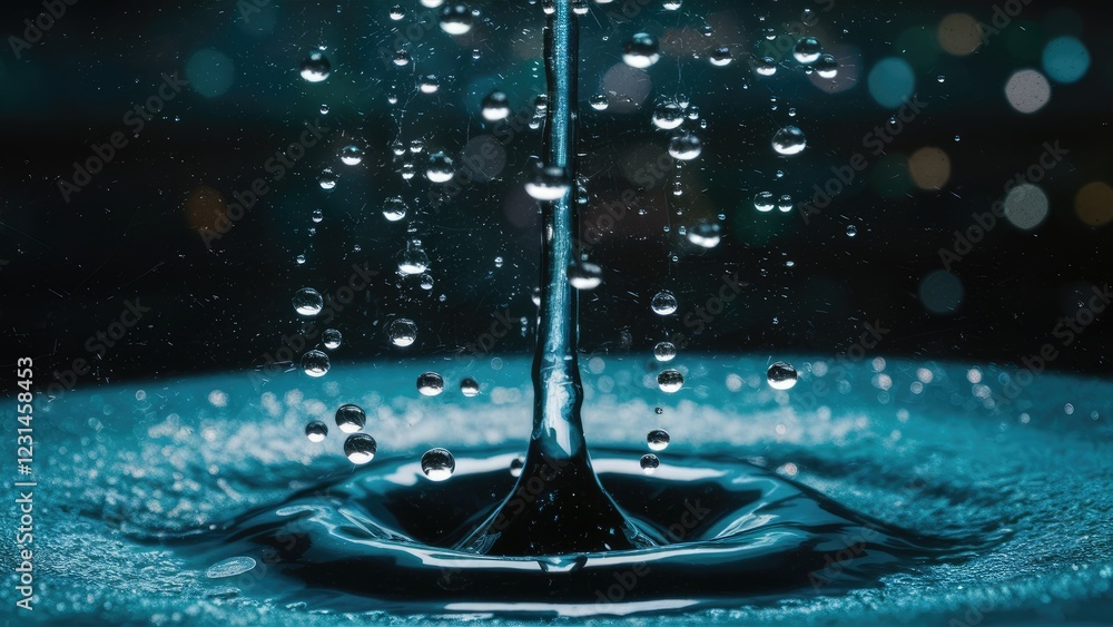 Poster frozen water droplets cascading in mid-air with a dark blue bokeh backdrop, highlighting shimmering 