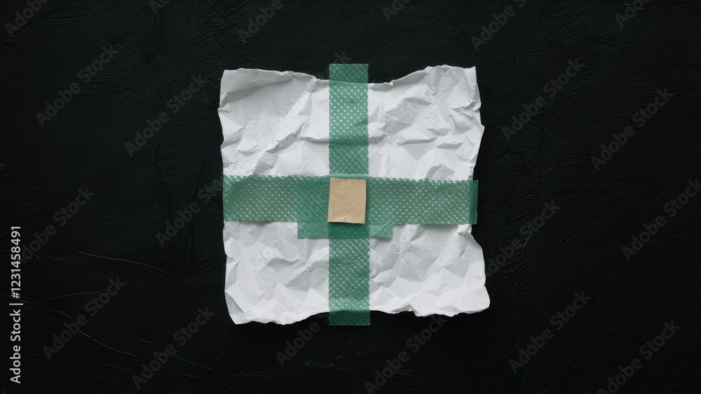 Fototapete Crumpled white paper with green tape arranged in a cross on a black textured background viewed from above showcasing contrast and texture.