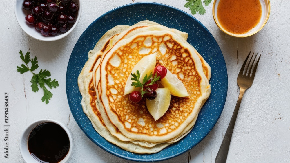 Poster freshly stacked thin pancakes with light golden brown edges topped with fruits on a blue plate surro