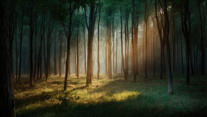 Obraz premium Mystical forest landscape with sun rays piercing through dense green trees creating a serene atmosphere over soft grass in warm golden tones