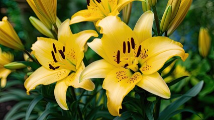 Obraz premium Bright yellow lilies with dark speckles are prominently positioned in the foreground, surrounded by lush green foliage in a vibrant garden setting.