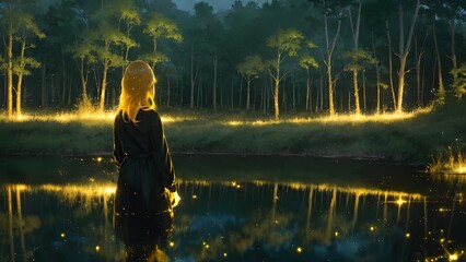 Fototapeta premium A blonde woman in the beautiful lights of the forest