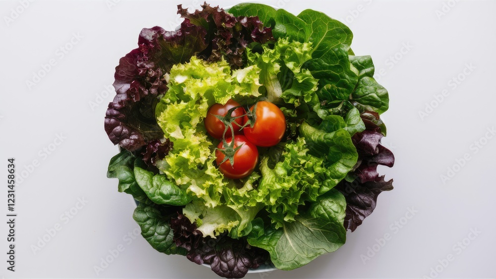 Poster fresh green and red lettuce salad with vibrant cherry tomatoes arranged in a circular bowl on a clea
