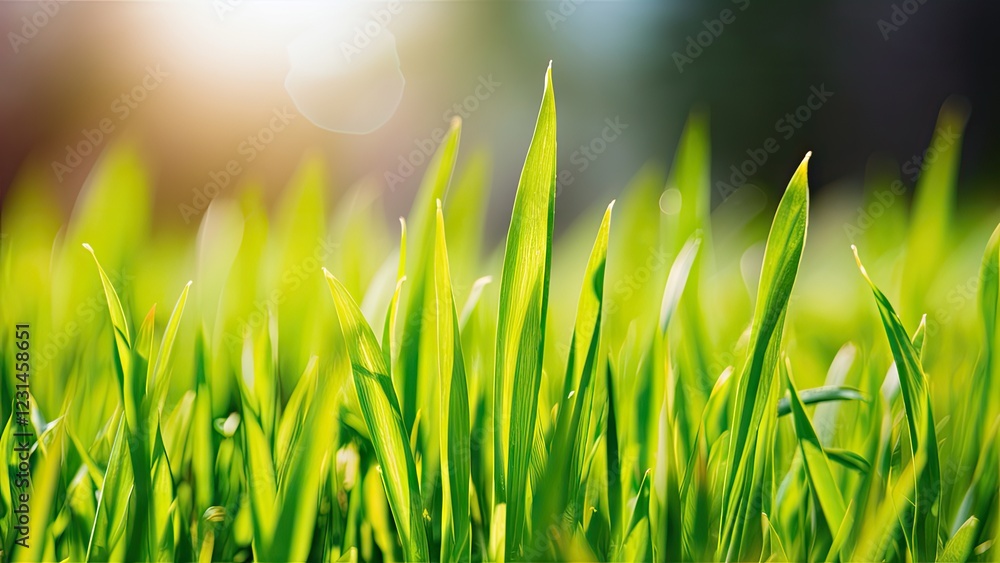 Aufkleber vibrant green grass blades glisten in soft focus under radiant sunlight with a blurred bokeh backgro