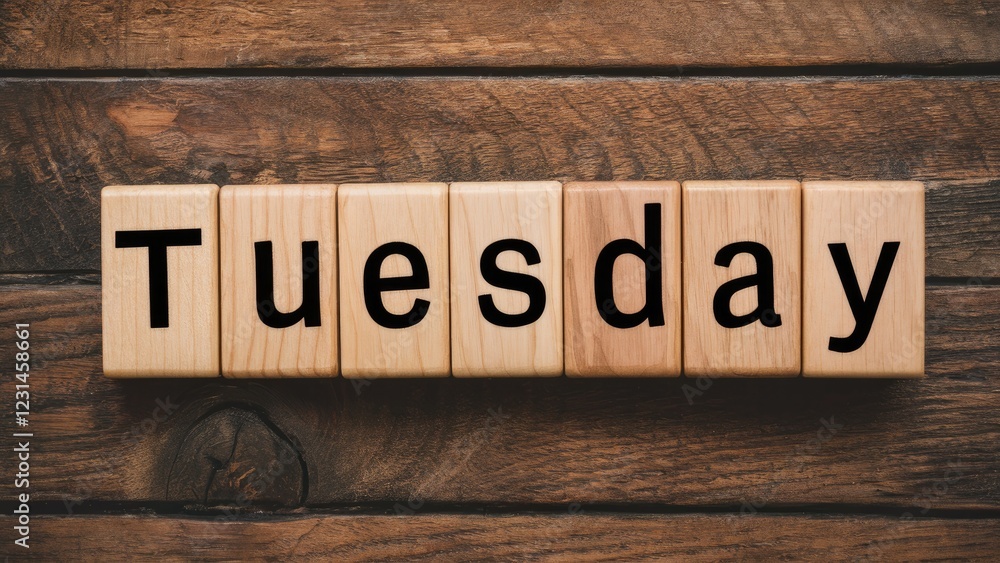 Aufkleber the word tuesday in bold black letters on light-colored wooden blocks arranged on a rustic wooden su