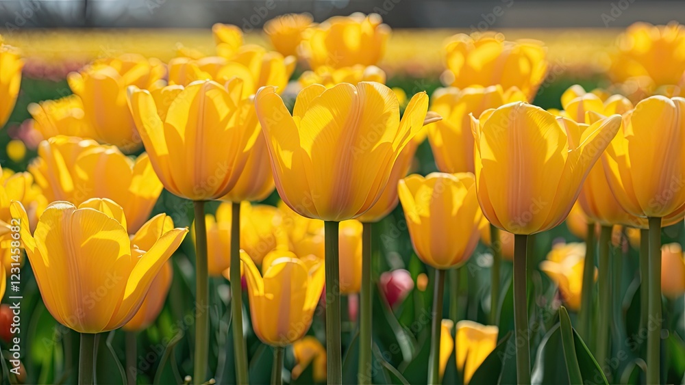 Poster vibrant yellow tulips in sharp focus against a soft green and blurred background with sunlight highl