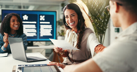 Collaboration, laughing and meeting with business people in office together for planning or project...