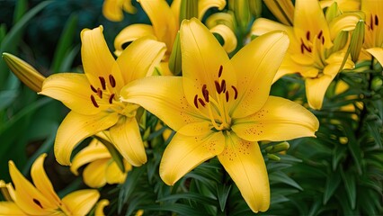 Obraz premium Vibrant yellow lilies with green foliage in a lush garden, showcasing detailed petals and contrasting red stamen against vivid yellow blooms.