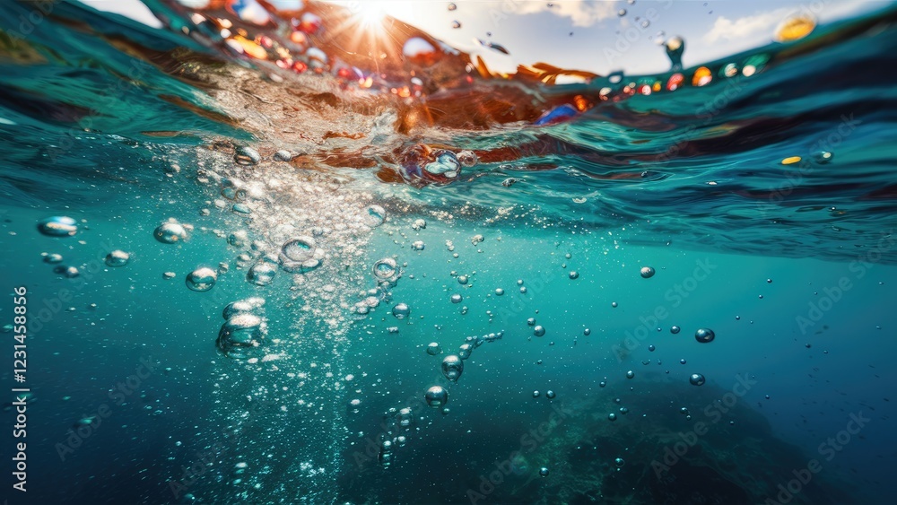 Poster bubbles rising through clear turquoise water with sunlight creating a shimmering effect on the surfa