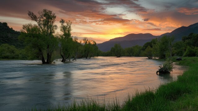 Serene sunset over a river with lush green trees reflected in calm waters vibrant orange and purple sky with distant mountains in background