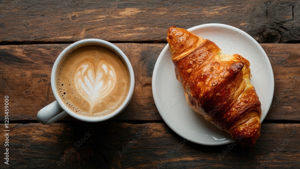 Aufkleber delicious golden croissant beside a warm latte with heart foam art on a rustic wooden table backgrou