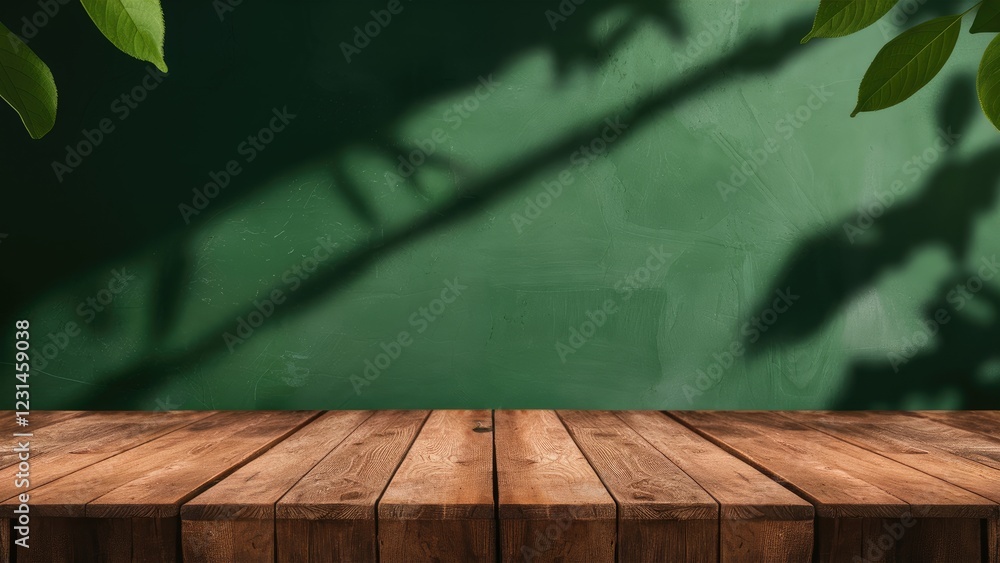 Poster wooden table with a rustic appearance in front of a green chalkboard background, balanced with shado