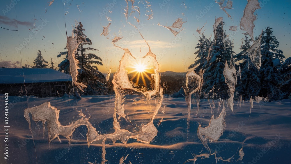 Poster intricate winter snow patterns adorn a window with a sunset backdrop, highlighting golden hues again