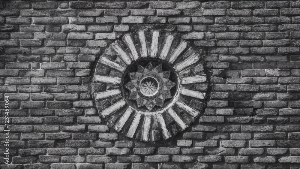 Poster monochrome closeup of an old brick wall with unique circular artistry in the center featuring shades