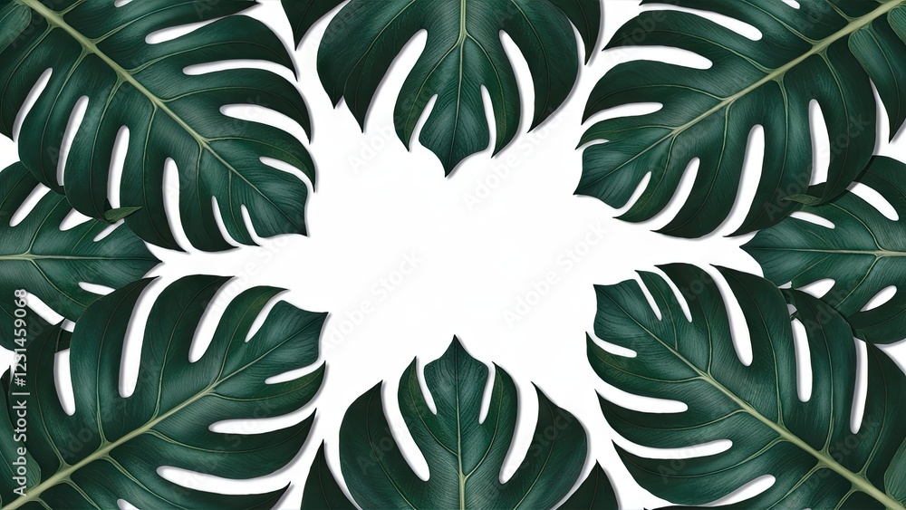 Poster tropical green monstera leaves arranged symmetrically around a central blank white space ideal for a