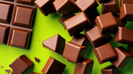 Chocolate bar is on a green background with chocolate chips scattered around it. Scene is playful and indulgent, as the chocolate bar is the main focus and the green background adds a pop of color