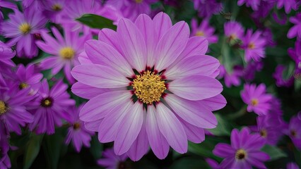 Obraz premium Close-up of a vibrant pink flower with yellow center surrounded by smaller purple blooms, set against a lush green background.