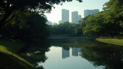 Tranquil Urban Park Pond Reflecting Modern City Buildings