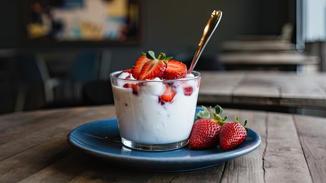 Yogurt parfait with fresh strawberries on a blue plate, positioned on a rustic wooden table, with a softly blurred cafe background.