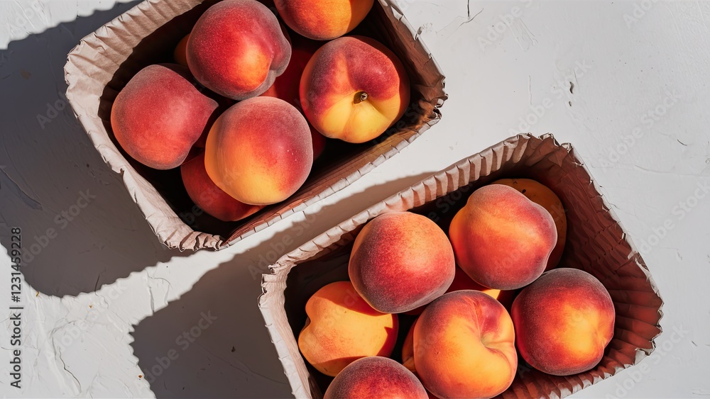 Poster two paper containers filled with fresh ripe peaches in shades of orange and red displayed on a white