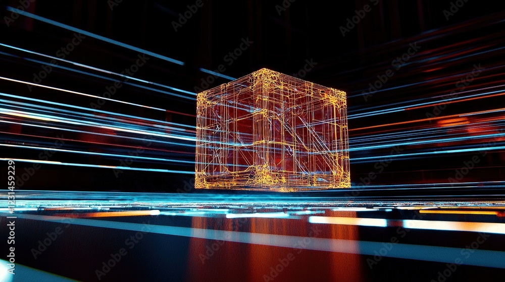 Poster illuminated cube surrounded by dynamic light trails in vibrant colors