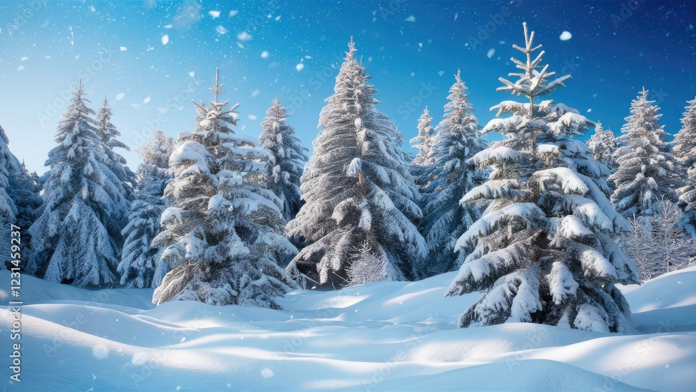 Aufkleber snow-covered evergreen trees in a winter wonderland with a bright blue sky and soft snowfall creatin