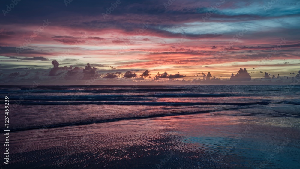 Poster twilight seascape features a vivid gradient of purples, pinks, and blues with reflective wet sand in