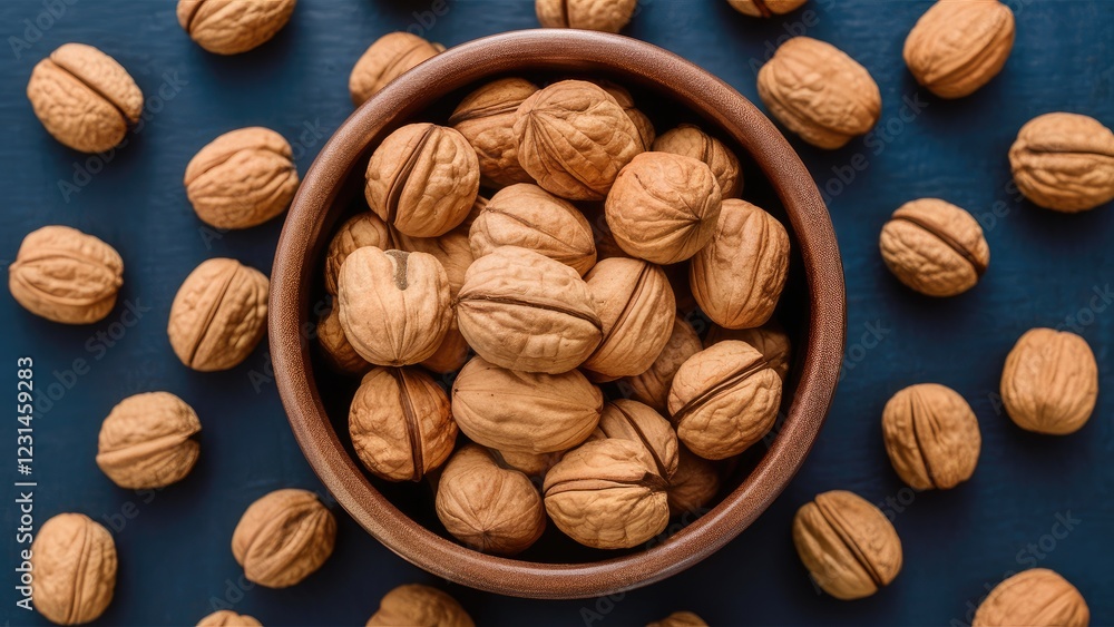 Poster bowl of walnuts on a dark blue surface surrounded by walnuts, showcasing earthy tones and textures o