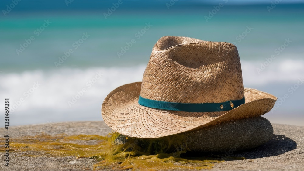 Poster vintage straw hat with a teal band resting on a stone covered in algae against a blurred turquoise s