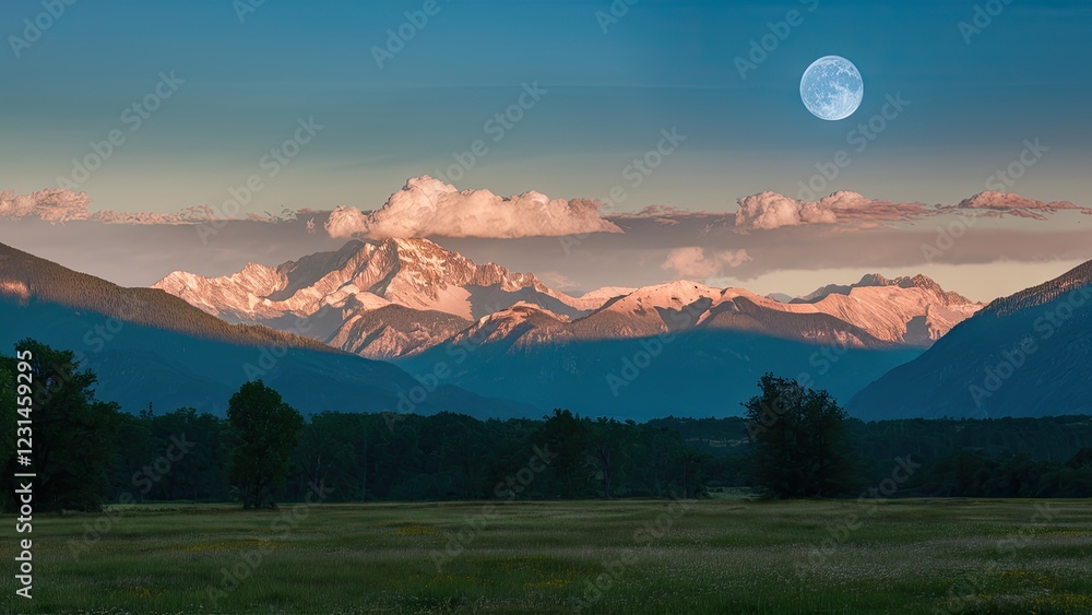 Poster sunlit mountains under a clear blue sky with a large moon and soft clouds, showcasing a tranquil sum