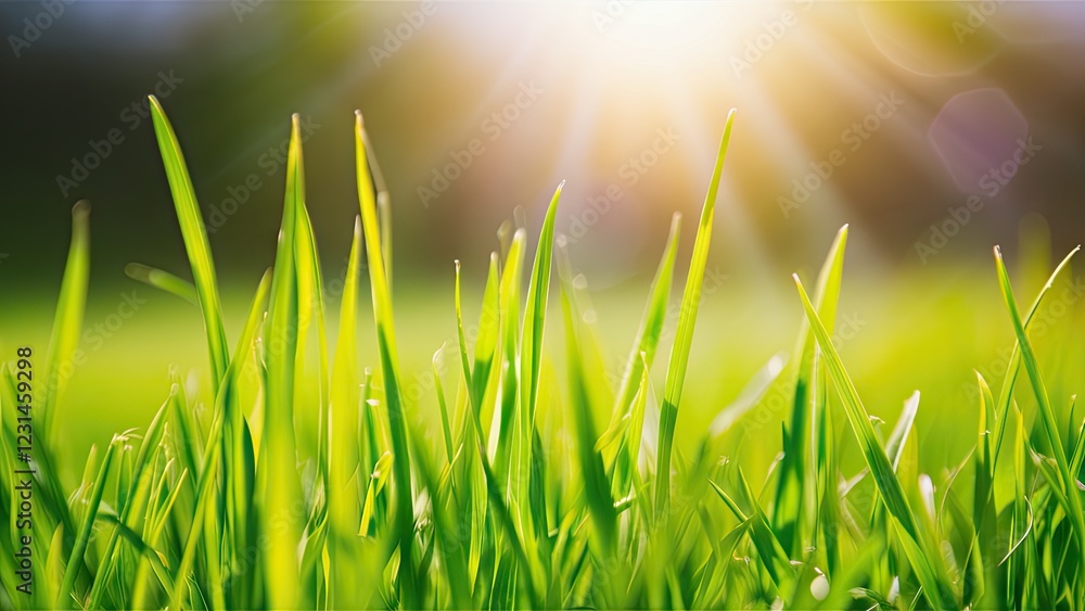 Poster lush green grass blades illuminated by warm sunlight with a soft focus and vibrant bokeh effect crea
