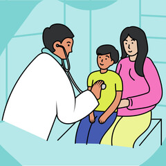 Obraz premium doctor do medical examination to little kid to check the illness. Kid accompanied by mother