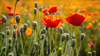 Fototapeta premium Vivid orange poppy flowers in a lush green field with budding stems under bright sunlight, creating a vibrant and lively floral scene