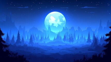 Naklejka premium Ethereal Blue Moonlit Forest, Silhouetted Trees and Misty Landscape