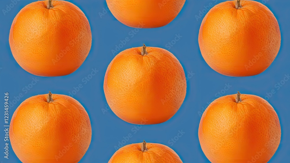 Poster vibrant tangerines arranged in a symmetrical grid on a blue background with orange fruit evenly posi