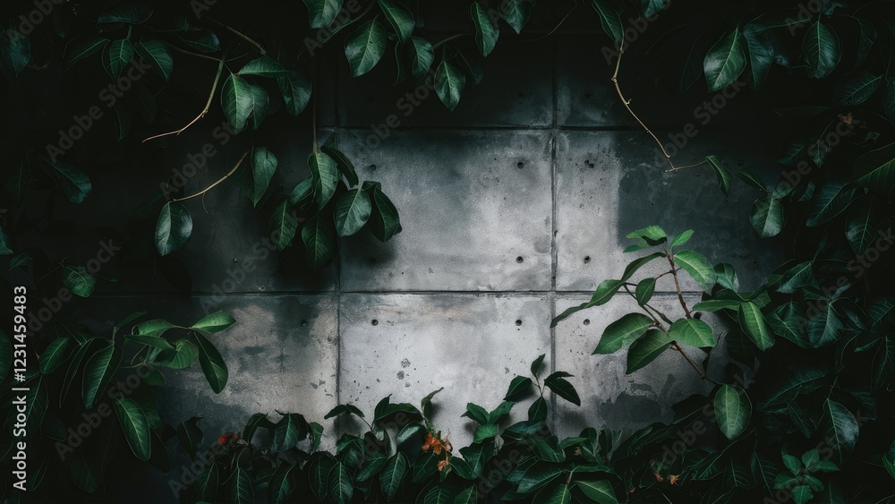 Poster cement wall in dark gray tones framed by lush green leaves creating a moody atmosphere with soft sha