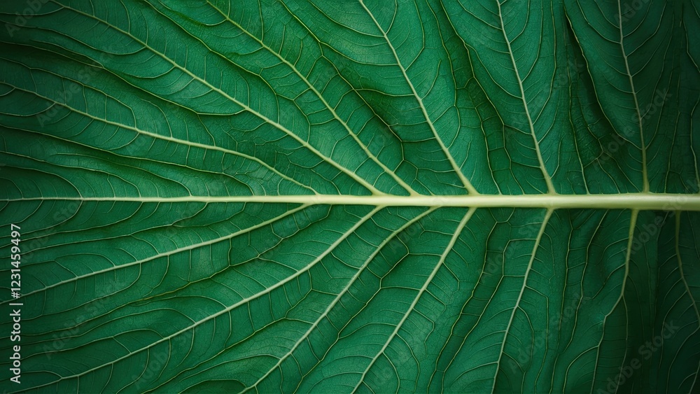 Aufkleber Close-up view of a vibrant green leaf showcasing intricate textures and veins with a smooth central stem highlighted in a natural light backdrop