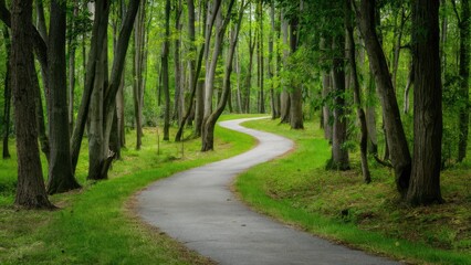 Obraz premium Winding pathway through lush green forest with tall trees on both sides and vibrant grass lining a smooth asphalt path in serene sunlight