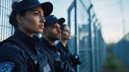 Multicultural security team led by a determined officer, checking perimeter fences at a restricted facility.