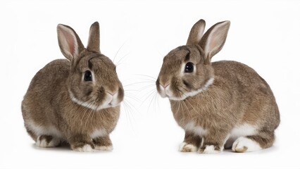 Fototapeta premium Two adorable brown bunnies sitting side by side on a pristine white background, showcasing their soft fur and playful expressions.