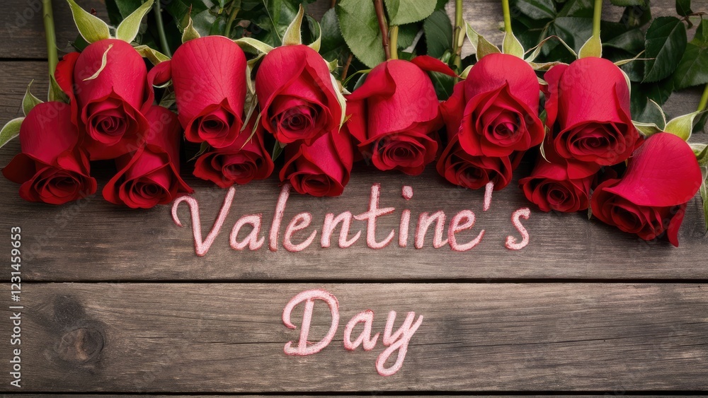 Poster vibrant red roses on a rustic wooden surface with green leaves framing the text valentine's day in s