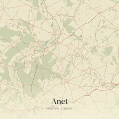 Retro map of Anet, Centre-Val de Loire, France. Vintage street map.