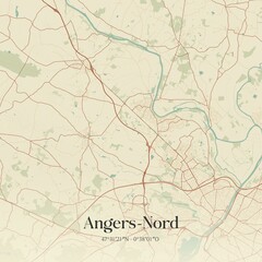 Fototapeta premium Retro map of Angers-Nord, Pays de la Loire, France. Vintage street map.