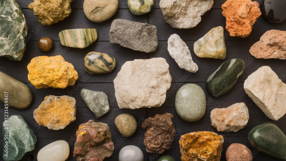 Poster a diverse collection of colorful mineral rocks and stones arranged on a dark wooden background showc