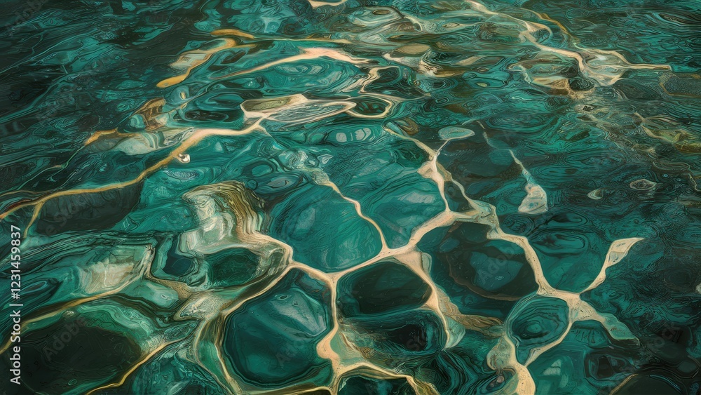 Poster dynamic turquoise water background with ripples and golden patterns creating a mesmerizing abstract 