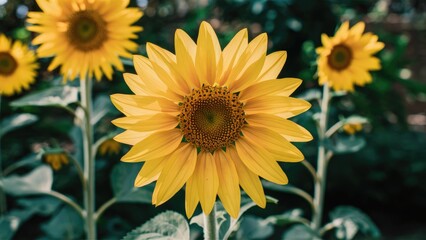 Fototapeta premium Bright yellow sunflower in full bloom, centered in the foreground with blurred green foliage and additional sunflowers in the background.