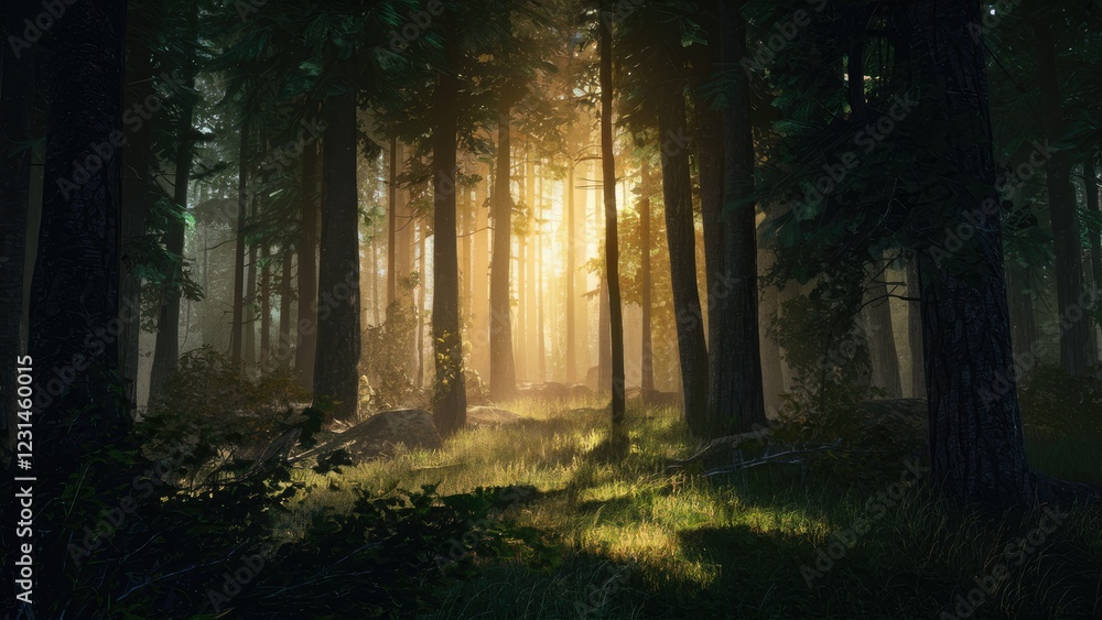 Poster sunlight streaming through dense forest trees highlights lush green grass and rocky terrain, creatin